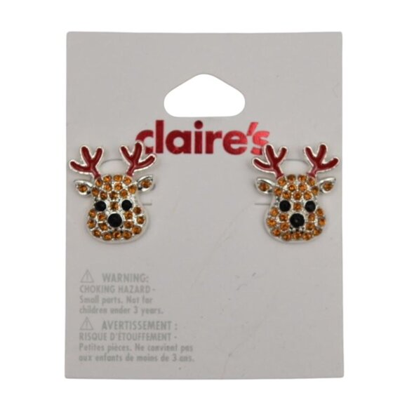 Claires Reindeer Stud Earrings With Rhinestones & Red Antlers - Picture 1 of 2